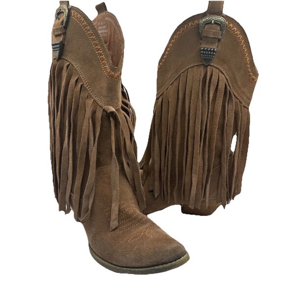 Very Volatile Hillside Fringe Cowgirl Buckle Western Boho Boots Tan Brown Size 8 - Picture 1 of 11